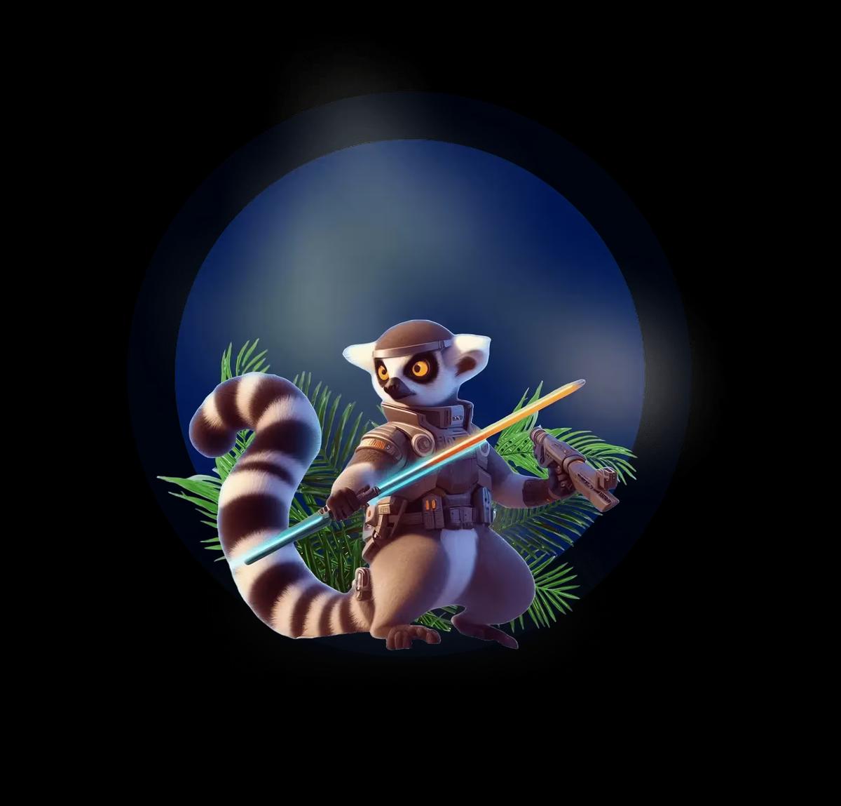 Un lémurien dessin animé de Madagascar, mascotte d'une société de logiciels, tenant une épée numérique dans un cercle.